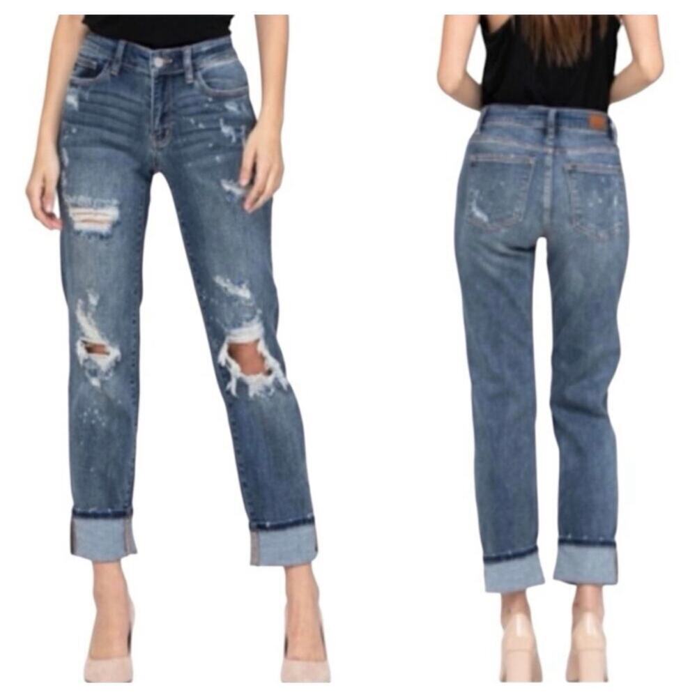 Judy Blue High Waist Destroy Cuffed Boyfriend Fit Denim Jeans Size 11/30